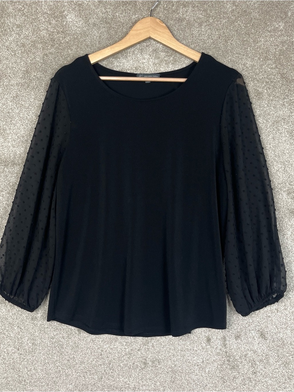 Adrianna Papell Blouse Womens Large Black Pullover Stretch Sheer Sleeve- 4899